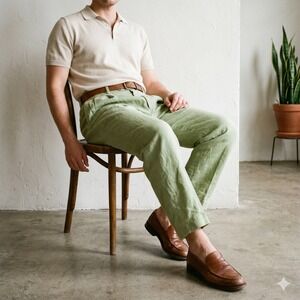 Van Gils Pants Mens 54 Sage Green Pleated 100% Linen Straight Leg Coastal Core